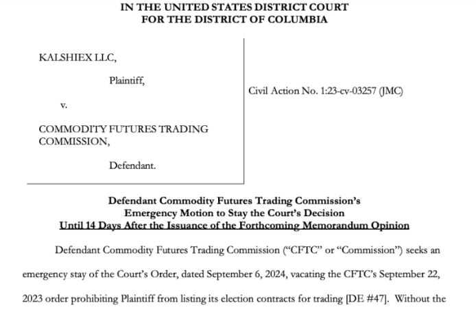 CFTC Stay Motion Against Kalshi. 